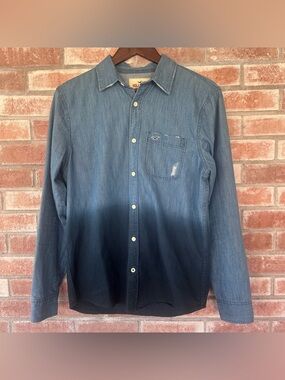 Hollister Chambray Denim Button Up Shirt Men’s Small Dip Dye Distressed